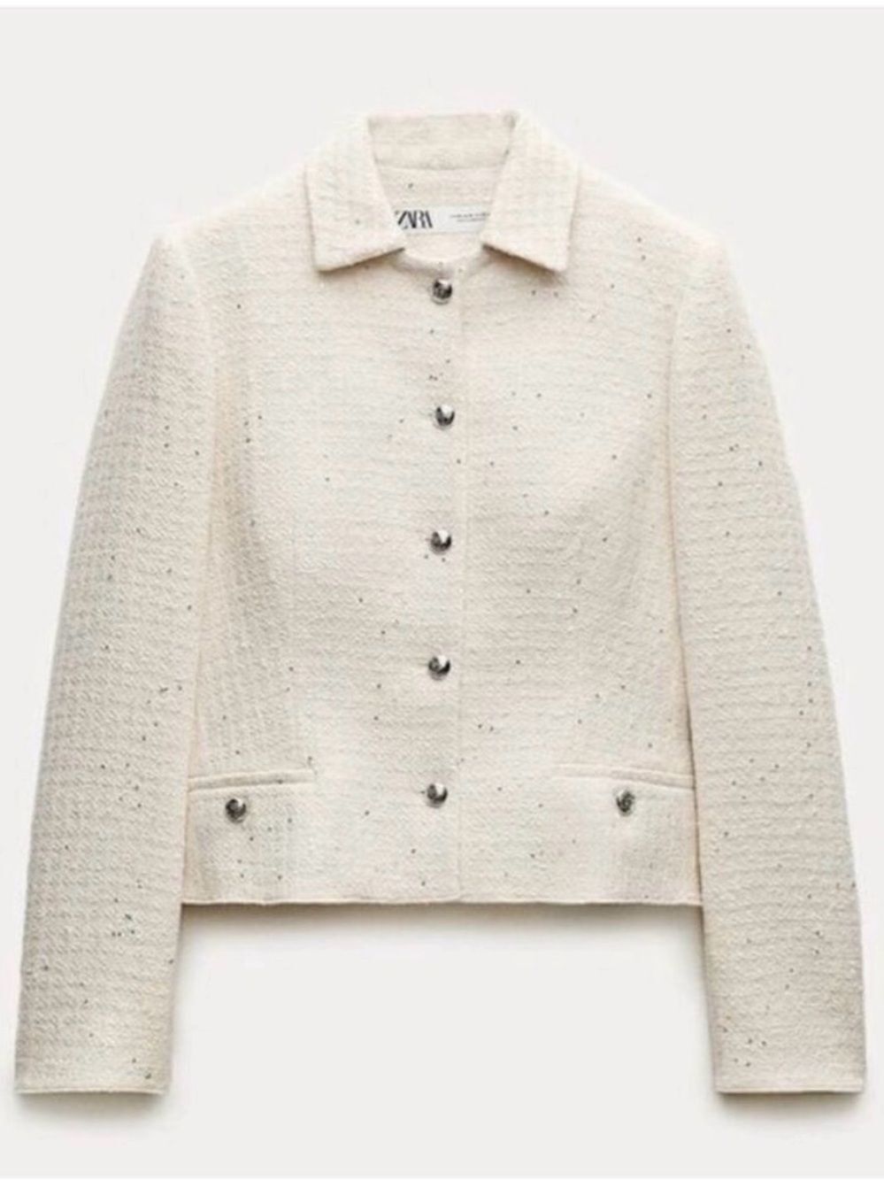 Zara Cream Textured Tweed Button Jacket